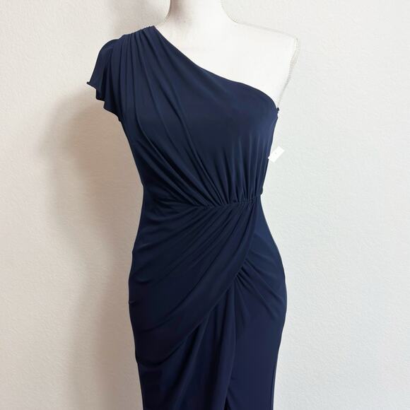 MAC DUGGAL DRAPED ONE-SHOULDER JERSEY GOWN IN COLOR MIDNIGHT SIZE 0 NEW - Picture 4 of 11